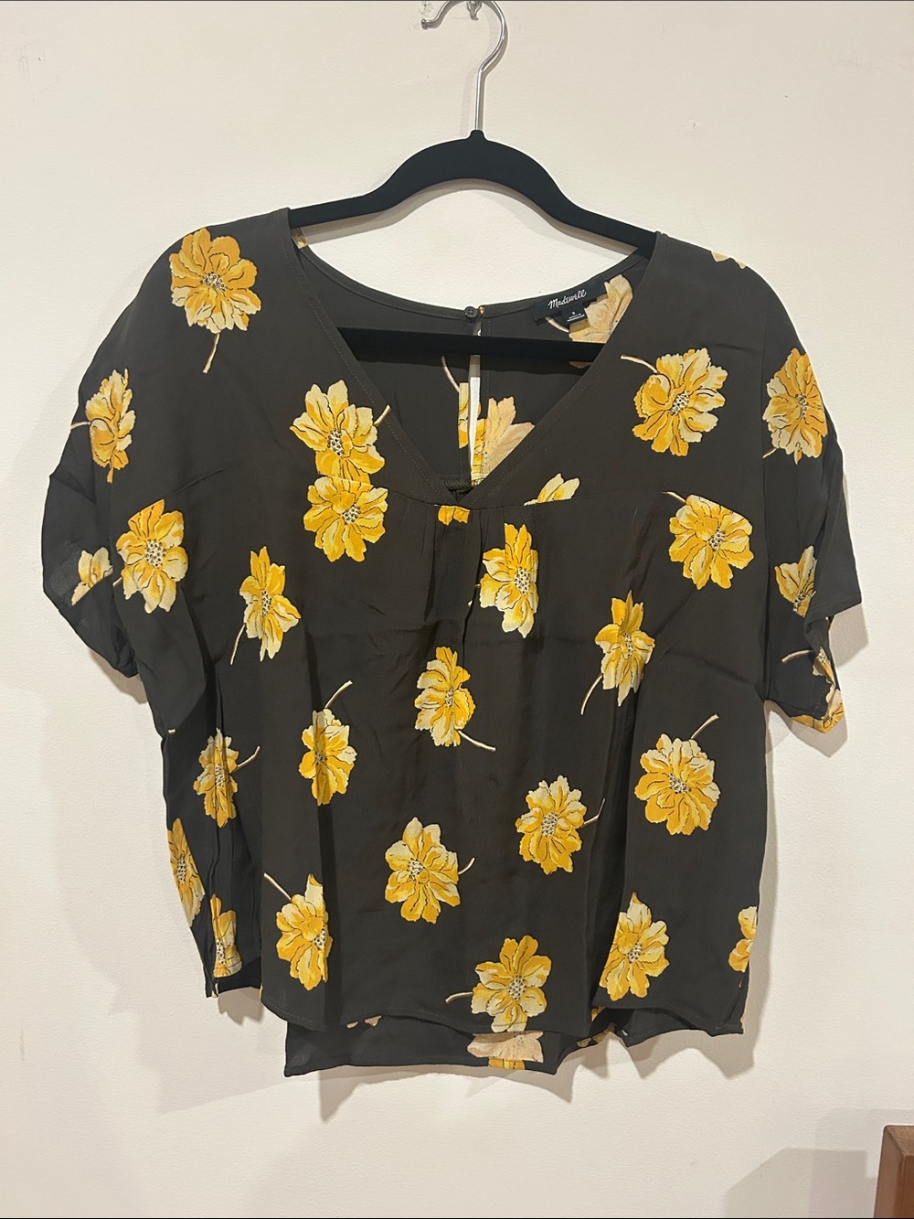 Madewell Green V-Neck Blouse with Yellow Floral Print